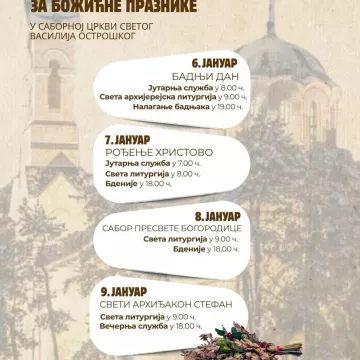 Распоред богослужења за Божић у Саборном храму Светог Василија Острошког у Никшићу